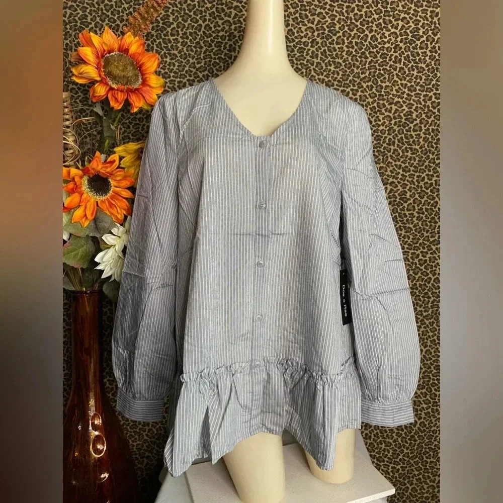 🌴3/$30🌴DOE & RAE Black Striped Button Down BabyDoll Blouse NWT - Picture 2 of 10